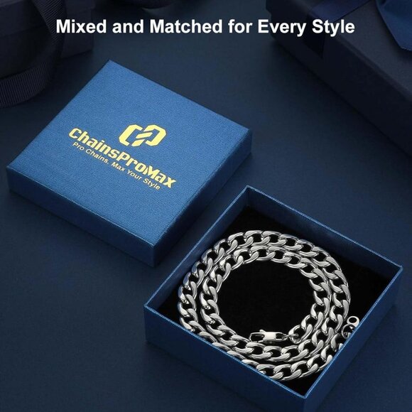 Cuban Link Necklace for Men, Silver/Black/Gold Plated Stainless Steel Mens Chain - Picture 6 of 6